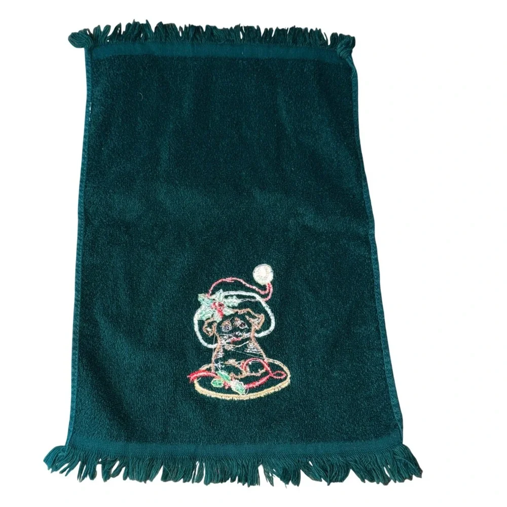 Vintage Christmas Hand Towel Embroidered Puppy Dog Santa Hat Fringed Green Bath